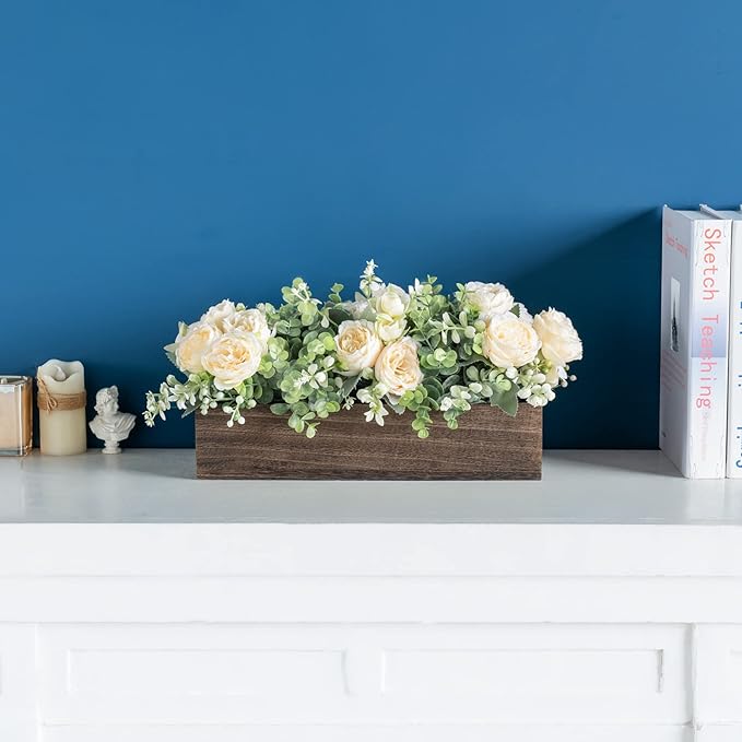 Dahey Centerpiece Table Decorations for Dining Room Farmhouse Living Room Table Centerpieces Decor Wood Tray with 3 Artificial Flowers and 2 Eucalyptus for Kitchen Table, 14.1" x 4.7" x 3.1"