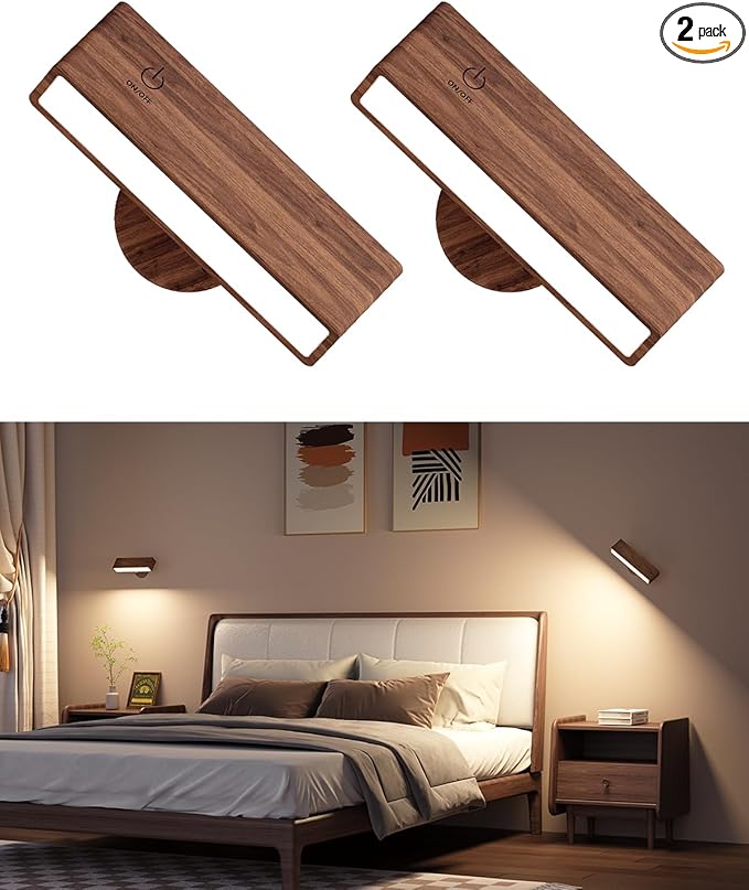 Battery Operated Wall Sconces Set of 2,Rechargeable Wall Lights Wood,Stick On Wall Lights for Bedroom,Wall Mounted Bedside Reading Lamps Dimmable,Battery Powered Wall Lamp for Bedroom