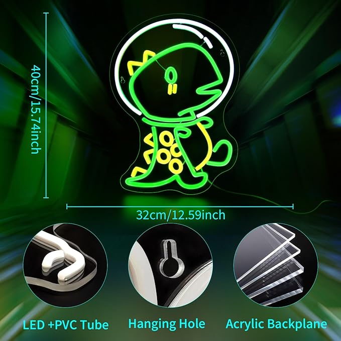 Dinosaur Astronaut Neon Sign Led Neon Signs for Wall Decor Green Light Up Sign Preppy Girls Room Decor USB Powered Gifts