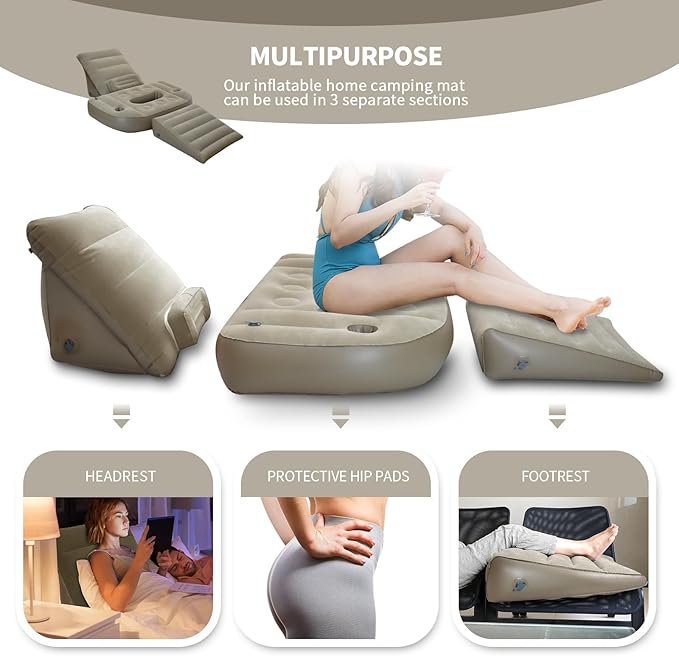 Nevife Inflatable 3pcs Bed Wedge Pillow Set with Hole-Reading Pillow&Back Support,Leg Pain Relief,Adjustable Pillows for Acid Reflux,GERD,Sleeping,Leg,Back Support-Restful Sleep and Travel (Brown)