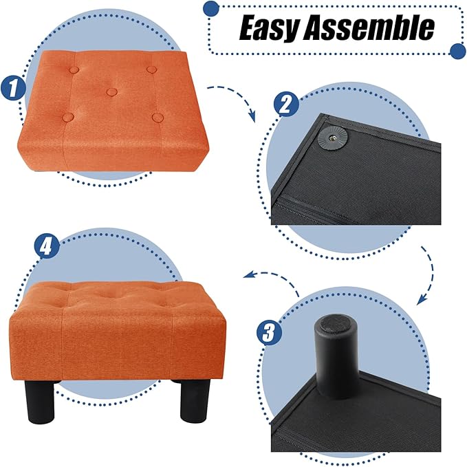 BRIAN & DANY Small Foot Stool, Linen Foot Stools with Legs, Stable Small Footstool for Living Room, Orange
