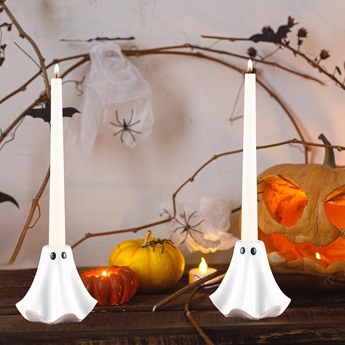 2 Pcs Halloween Ghost Candlestick Holders Cute Ghost Shape Candle Stick Holders Ceramic Taper Candle Holder for Halloween Wedding Party Holiday Office Home Decor Gift