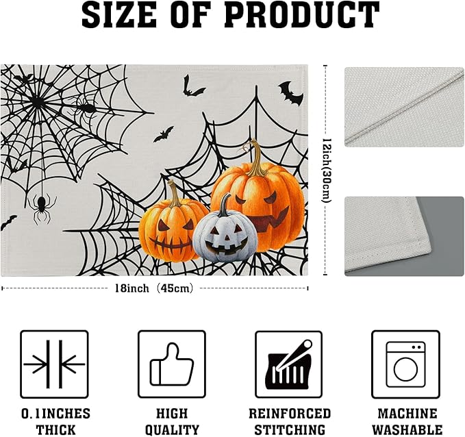Giwawa Halloween Placemats, Colorful Spooky Pumpkins Spider Web Bats Linen Place Table Mats Washable Stain Resistant for Kitchen Dining Party Holiday Tabletop Decor, Set of 4, 12x18 Inches