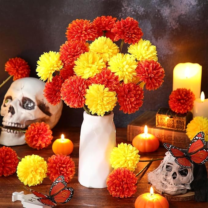 Kimura's Cabin 20Pcs Fake Silk Ball Flower Artificial Chrysanthemum Flowers Fake Mums Bouquets Wedding Arrangements Decor Festival Home Table DIY Decoration Center (Orange Yellow)