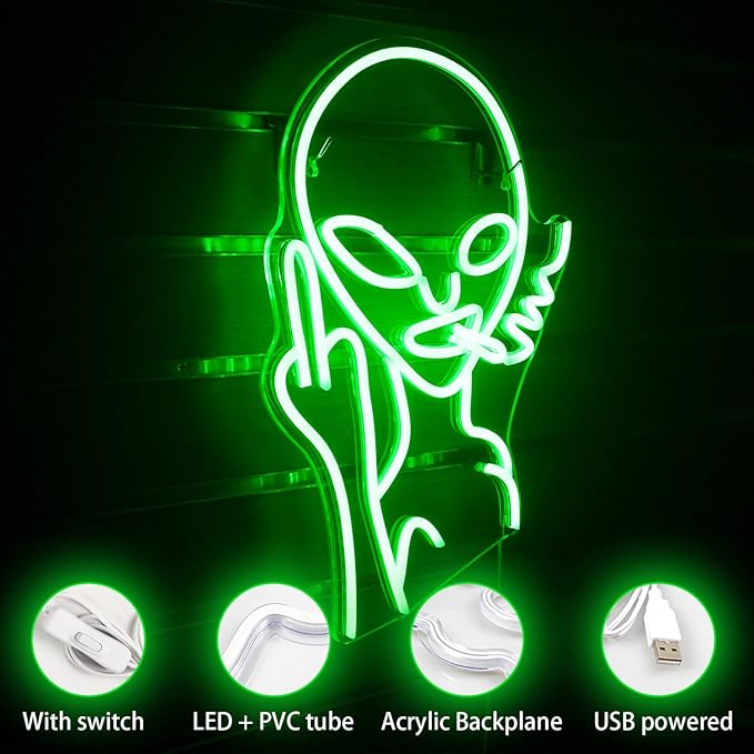 Green Alien LED Neon Signs for Wall Decor ,Shop Bar Pub Man Cave Game Room Decor,Hip Hop Party Signs For Green Bedroom Wall Decor ,Birthday Party , Funky Aesthetic Room Decor