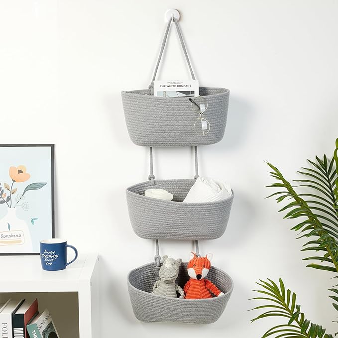 DULLEMELO Wall Hanging Basket for Home Decor 3-Tier Woven Cotton Wall-Mounted Hanging Storage Basket, Decorative Woven Storage Basket with Door Hooks, Gray