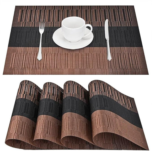 GIVERARE Placemats Set of 4, Heat-Resistant Woven Vinyl Placemat, Non-Slip Washable PVC Table Mat, Easy to Clean Premium Plastic Mats for Dining, Kitchen Table (Black+Brown)
