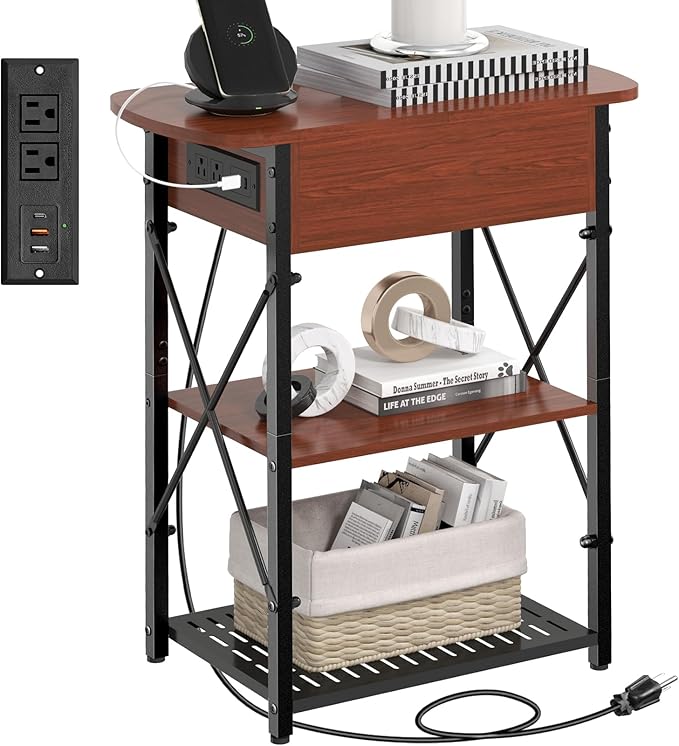 Narrow Side Table with Charging Station, End Table with 3 USB Ports and 2 AC Outlets, Flip Top End Table with Storage, End Tables Living Room, Nightstand with Drawer for Bedroom, Cherry