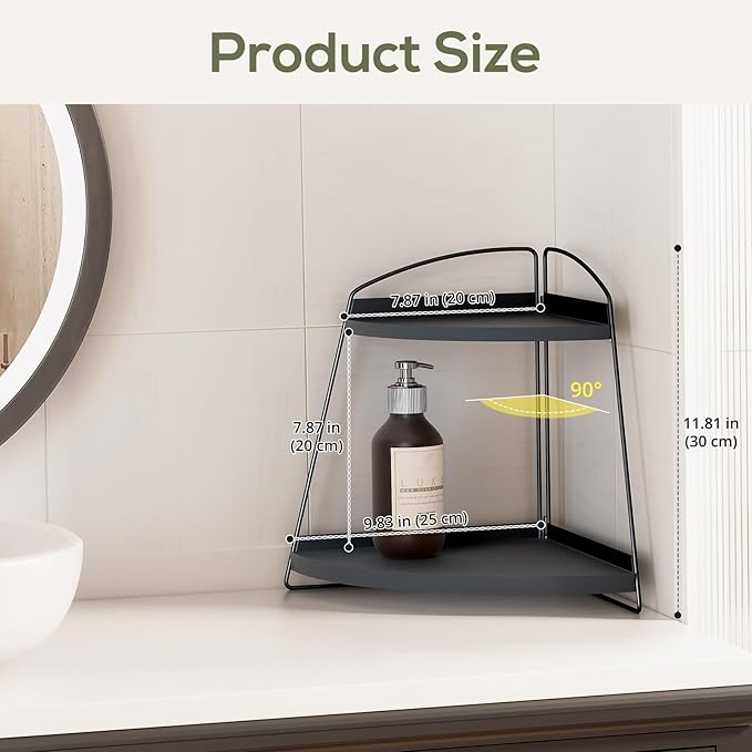 Puricon Bathroom Counter Organizer, 2 Tier Corner Countertop Storage Shelf Bathroom Sink Organizer, Wood Triangle Bathroom Organization for Skincare Kitchen Vanitity -Black