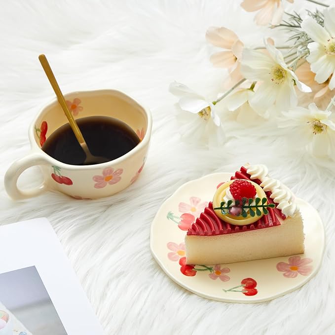 Vesici Ceramic Cherry Floral Tea Cups and Saucers 8.5 oz Ceramic Coffee Mug with Saucer Set Floral Mug with Handles Spoons Creative Flower Cup for Office Home, Dishwasher and Microwave Safe