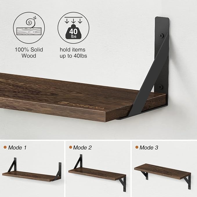 Forbena 24 Inch Long Floating Shelves for Wall Set of 3, Wooden Wall Bookshelf for Bedroom, Large Rustic Wood Hanging Book Shelves for Living Room Plants Kitchen Office Closet Storage (Dark Brown)