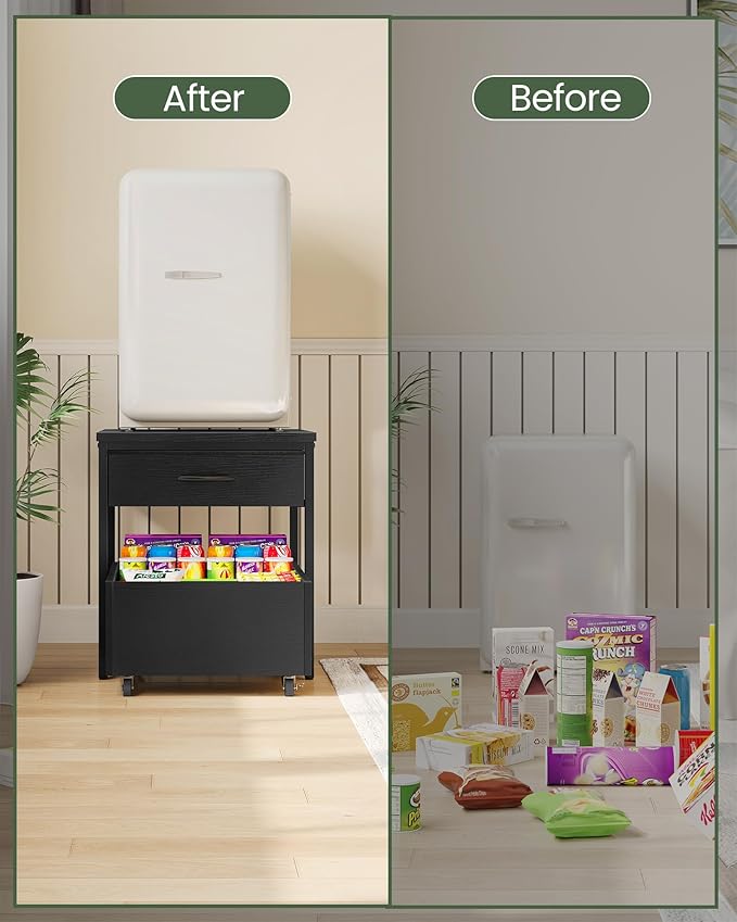 End Table, 19.7 Inch Square Side Table, Mini Fridge Stand with Storage, Nightstand with Mobile Basket Cart, for Living Room, Bedroom, Black TBZ55BB