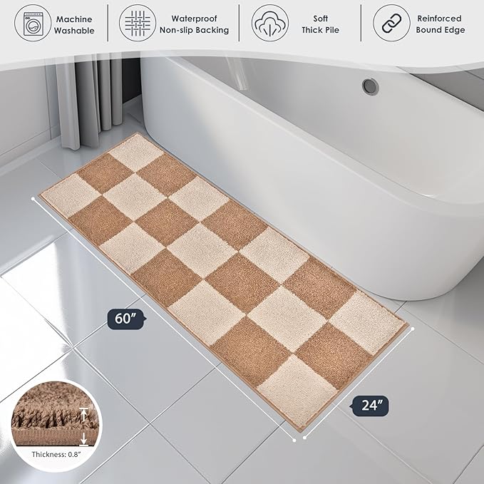 PURRUGS Bathroom Rug Non-Slip Machine Washable 24" x 60", Super Absorbent and Quick-Dry Bath Mat, Extra Soft and Plush Bath Rug for Shower, Bathtub and Sink, Beige & Grayish Brown