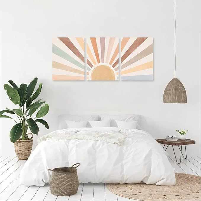 Boho Sun Wall Art Set of 3, Framed Canvas Wall Art Rainbow Sun Rising on the Horizon Geometric Nature Illustrations Line Art Wall, Office, 12"x16" Watercolor
