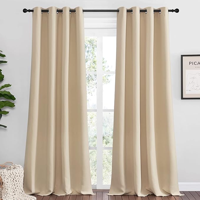NICETOWN Bedroom Blackout Curtains Panels, 1 Pair, 52 inches by 92 Inch, Biscotti Beige, Triple Weave Energy Saving Thermal Insulated Solid Grommet Blackout Draperies for Patio