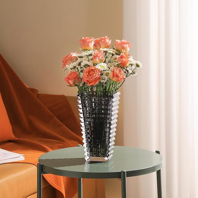 MCMCNCUIU Crystal Vase, Large Crystal Vases for Flowers, Large Flower Vase, Modern Black Vases for Living Room, Bedroom, Kitchen, Dining Table, Mantle, Wedding, 9 Inches