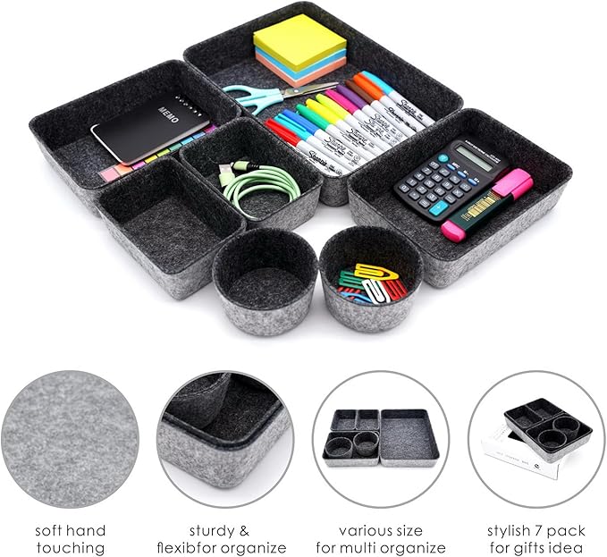 Welaxy Drawer organizer felt trays desk storage bins dividers small drawers organizing box for office supplies interior cozy decor catchall entryway key holder 7-piece back to school (Charcoal)