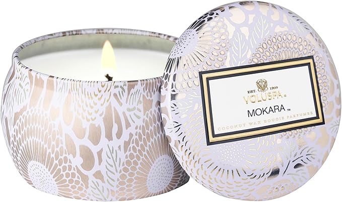 Voluspa Mokara, Mini Tin Candle, 4 Ounce, 25 Hour Burn Time, Coconut Wax for Clean Burning, Handcrafted in The USA