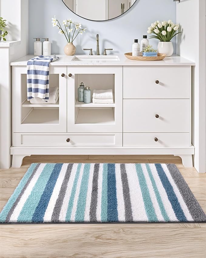 LUMI Striped Bath Rugs, Extra Soft and Absorbent Microfiber Bath Mat, Machine Wash Non-Slip for Bathtub or Bathroom Floor, 24"x43", Blue