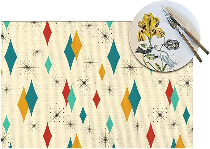 Mid Century Modern Placemats Set of 4 Retro Decor Table Mats for Kitchen Dining Table Holiday Party Heat Resistant Washable Farmhouse Yellow Place Mats, Linen 12x18 Inch