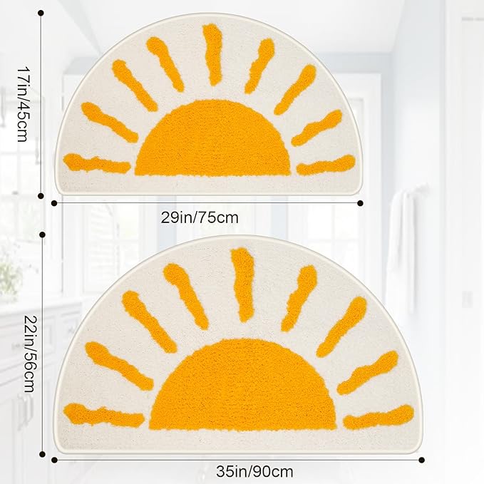 Bathroom Rugs Mat Half Circle - 35"x22" Large Cute Sun White Yellow Boho Bath Mats Non Slip, Soft Absorbent Microfiber Bohemian Rug, Semi Round Machine Washable Rubber Rugs for Floor Bedroom Bathmat