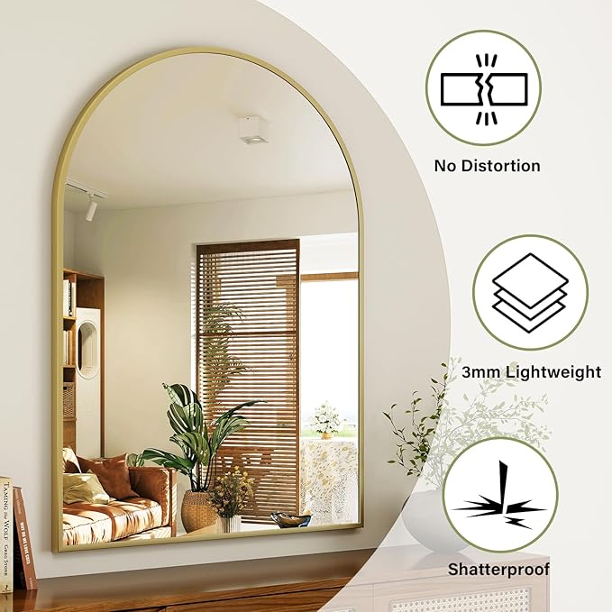 Arch Bathroom Mirror, 24x36 Inch - Wall Mounted Vanity Mirror with Aluminum Alloy Frame - Ideal for Living Room, Bedroom, Bathroom, and Entryway, Hanging or Leaning, Gold