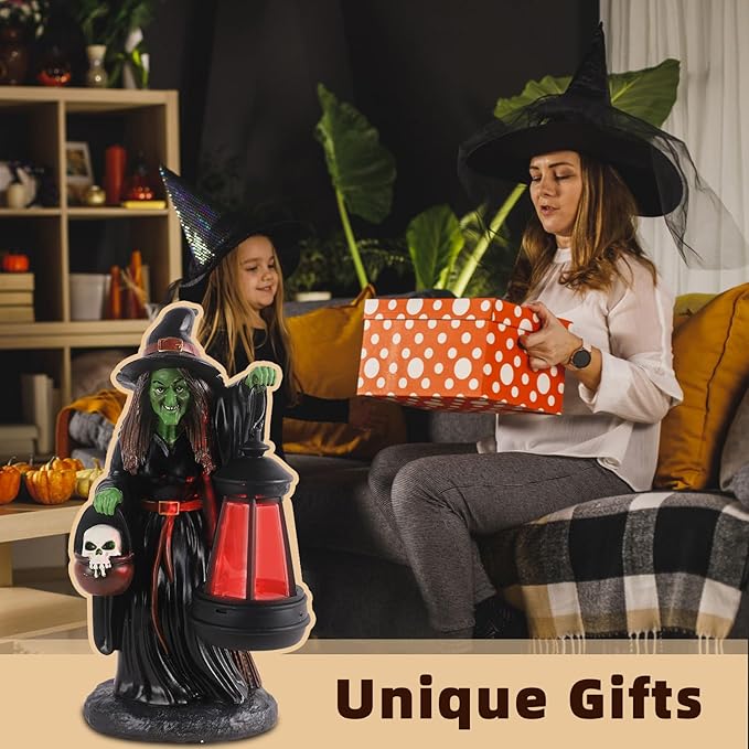 Witch Halloween Decorations with Solar Lantern - Unique Resin Witch Figurine, Ideal Gift for Halloween Lovers, Outdoor Yard Garden Decoration