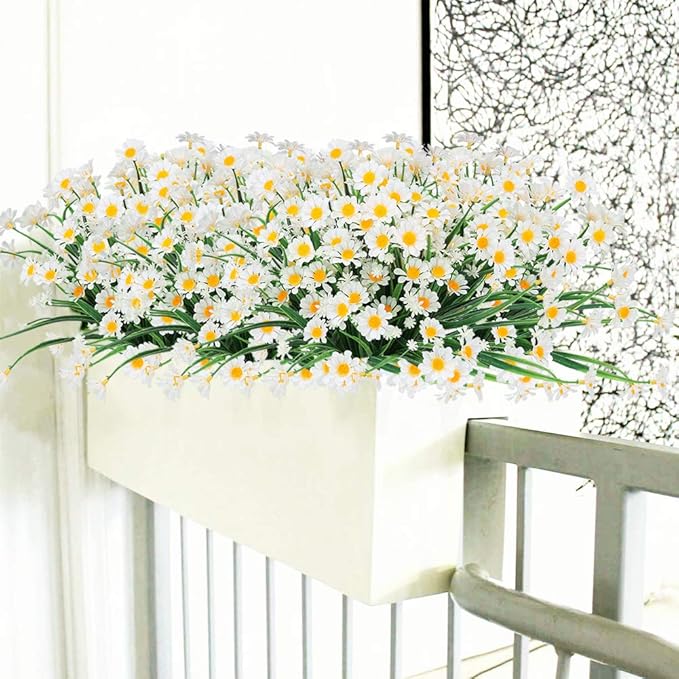 Artificial Daisies Flowers Outdoor UV Resistant 4 Bundles Fake Foliage Greenery Faux Plants Shrubs Plastic Bushes for Window Box Hanging Planter Farmhouse Indoor Outside Decor(White)