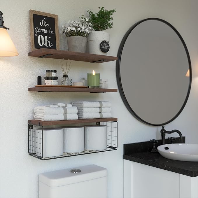 WOPITUES Bathroom Shelf Over Toilet, Floating Bathroom Shelf Wall Mounted with Wire Basket, Floating Shelf for Wall Décor-Rustic Brown