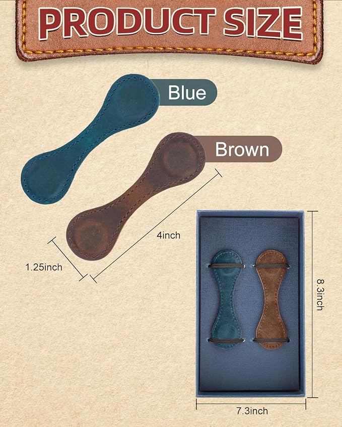 2Pcs Magnetic Leather Bookmarks with Gift Box, Vintage Faux Leather Book Mark, Double-Sided Magnetic Bookmarks Supplies Gift for Men&Women Read Book Lovers Father's Day Gift (Blue + Coffee)