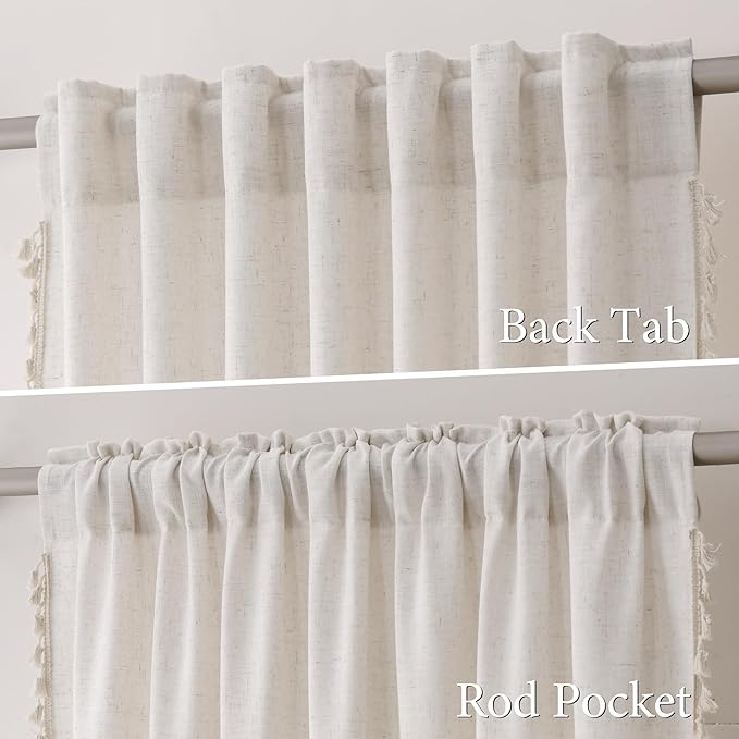 Beige Boho Linen Curtains 80 Inches Long 2 Panels Textured Farmhouse Semi Sheer Window Curtains Tassels Back Tab Neutral Light Filtering Chic Curtain Drapes for Living Room Bedroom 38x80