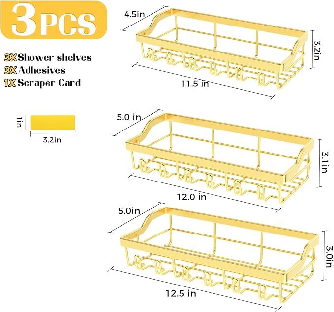 3 Pack Shower Caddy, Adhesive Shower Organizer for Bathroom Storage, Rustproof Stainless Steel Shower Shelves, No Drilling, Large Capacity Shower Rack Shelf for Inside Shower, Gold