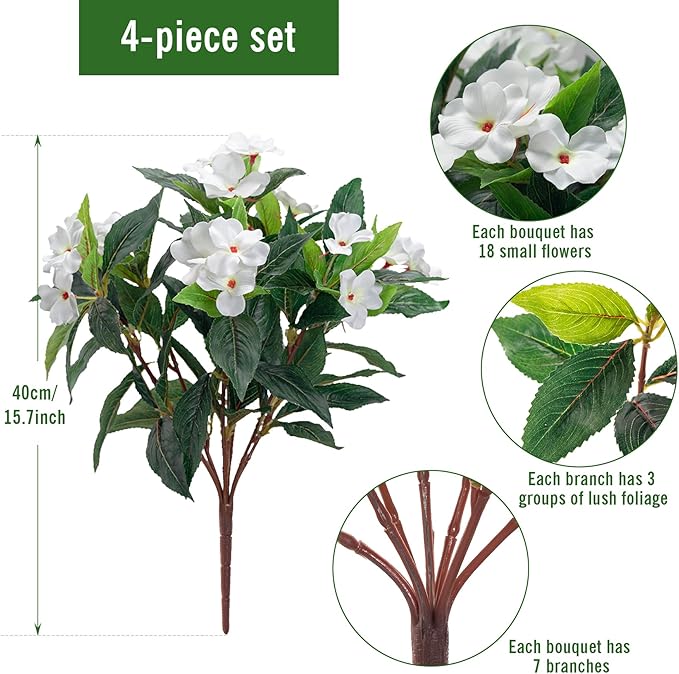 Artificial Impatiens Bouquet Flowers for Outdoors Silk Faux Flowers for Outdoor Impatiens Plants Decor Indoor Planters Kitchen Planters and Balcony Decorations 4PCS (White)