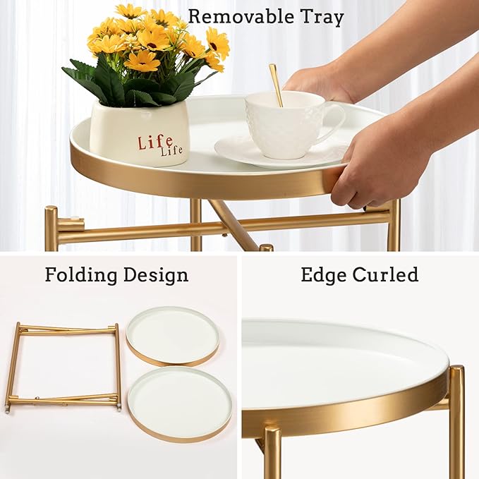 TeoKJ 2 Tier Gold Side Table, Folding Round Metal End Table Small Nightstand with Two Removable Tray for Bedroom Living Room Bedside Small Spaces Gold + White