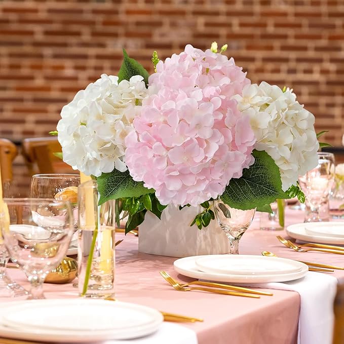 Light Pink Flowers Silk Artificial Hydrangeas, 5Pcs 20Inch Lifelike Boho Large Flowers with Stems, Artificial Flowers for Wedding Bouquet Table Centerpieces Home