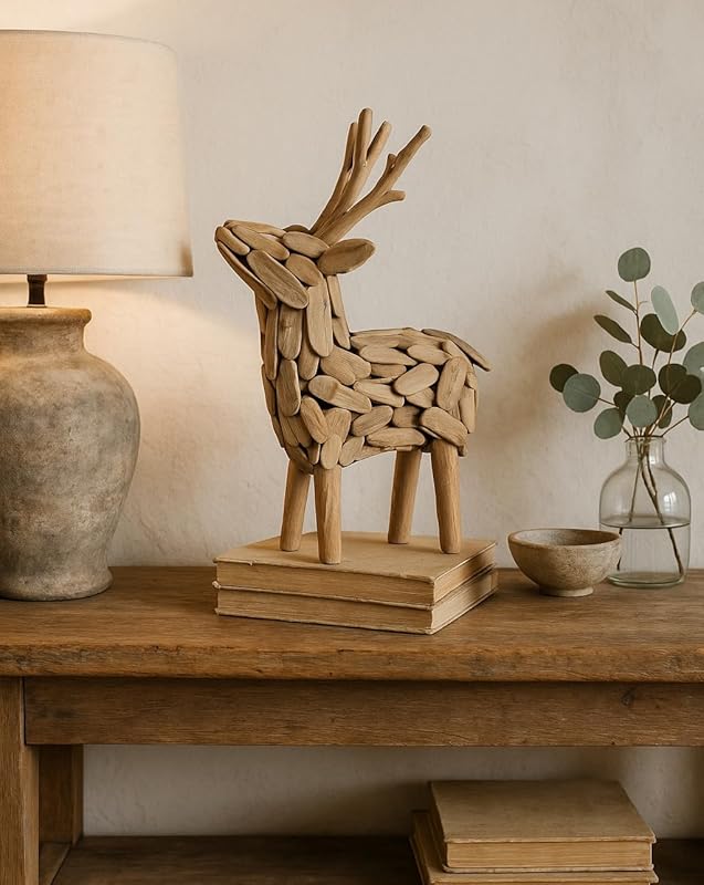 Driftwood Deer Sculpture, Rustic Buck Statue Christmas Home Decor, Decorative Stag Figurine, 14.4"H