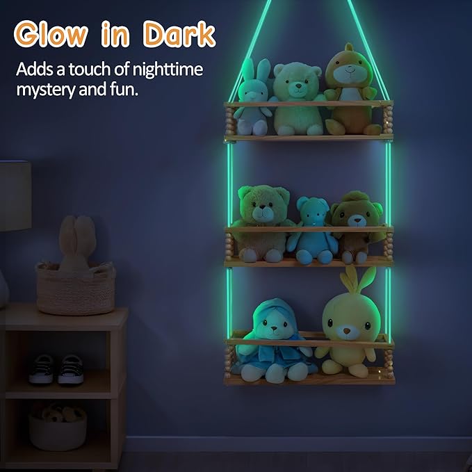Gronda Stuffed Animal Storage 3 Tier Hanging Toy Organizer Adjustable Stuffies Animals Hammock Plush Holder Nursery Decor Wooden Floating Shelf for Kids Room Bedroom Living Room Nursery