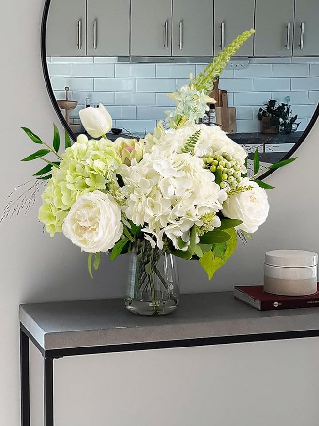 YalzoneMet 4Pcs Light Green Hydrangea Artificial Flower Natural Lifelike Real 21 inch Long Stem Hydrangea Latex Flower Bouquets for Home Party Outdoor Wedding Table Centerpiece Decor