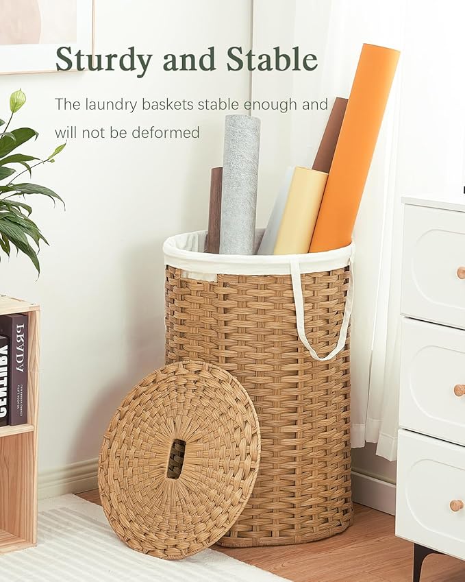 Large Laundry Hamper Laundry Basket Round 34.3 Gal (130 L) Handwoven Wicker Laundry Baskets Rattan Laundry Basket with Laundry Bag Handles 2 Mesh Bags for Living Room Bedroom Natural