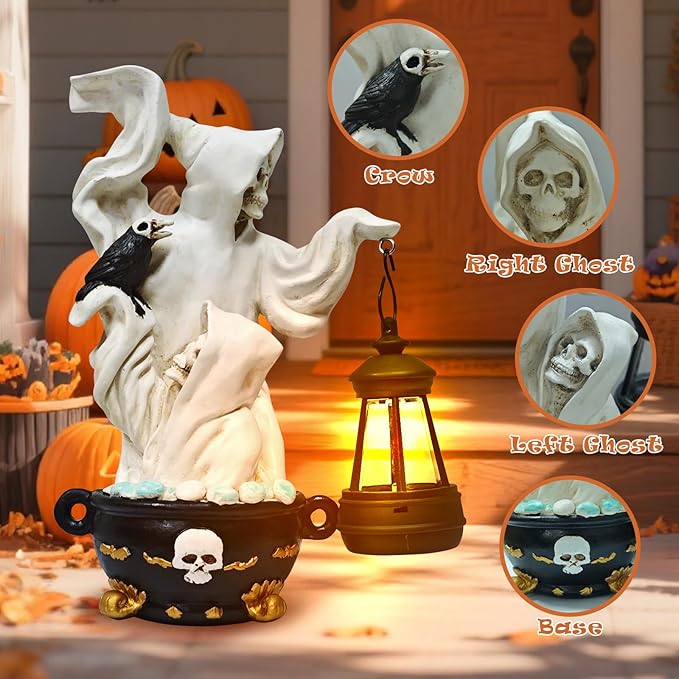 Skeletons Halloween Statues Decor Lantern - Gothic Grim Reaper Spooky Solar Lantern Statue Skeletons Crow,Outdoor Indoor Party Home Decorations Tabletop Shelf Garden Porch Yard Patio