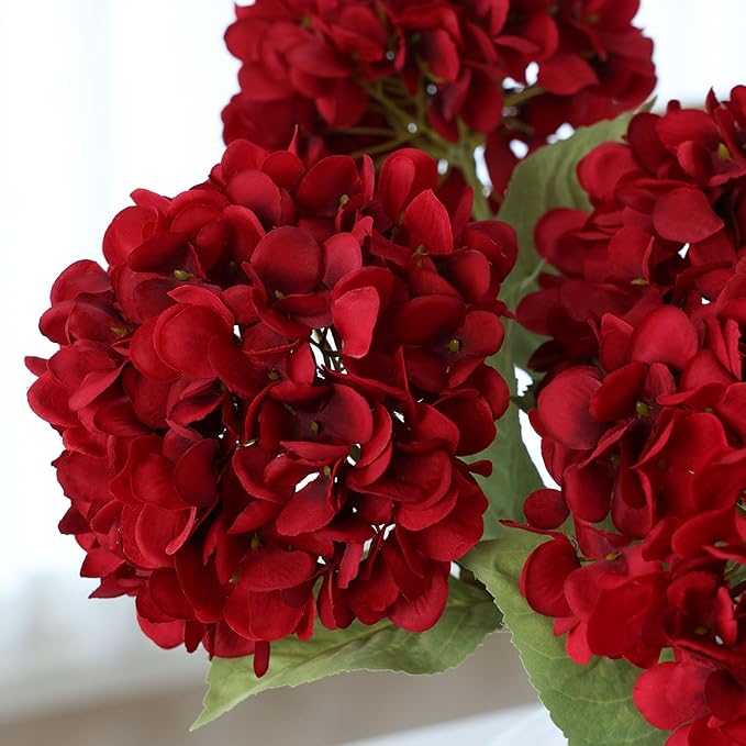 mizii 4Pcs Burgundy Artificial Hydrangea Flowers Large Fake Silk Hydrangea Flower with Leaves Stems Realistic Faux Hydrangeas Decorations for Wedding Table Centerpieces Vase Home Decor (Burgundy)