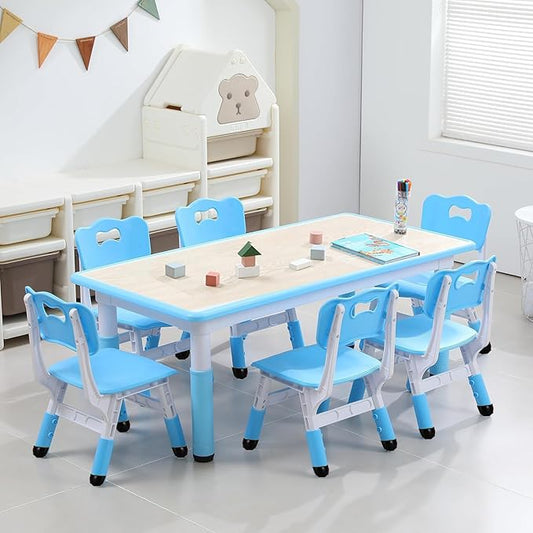 Kids Table and 6 Chair Set - Height Adjustable, Multifunctional Desk, Ergonomically Designed Chairs, Max 300lbs, for Ages 2-10, Classroom, Daycares, Home