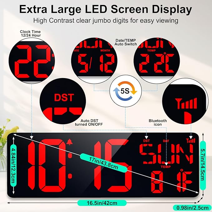 XREXS 17.2" Large Digital Wall Clock Bluetooth Sync Time, Precise Atomic Clocks with Remote Control, Adjustable Dimmer Grandfather Clock, Temperature for Bedroom, Desk Alarm Clock for Elderly