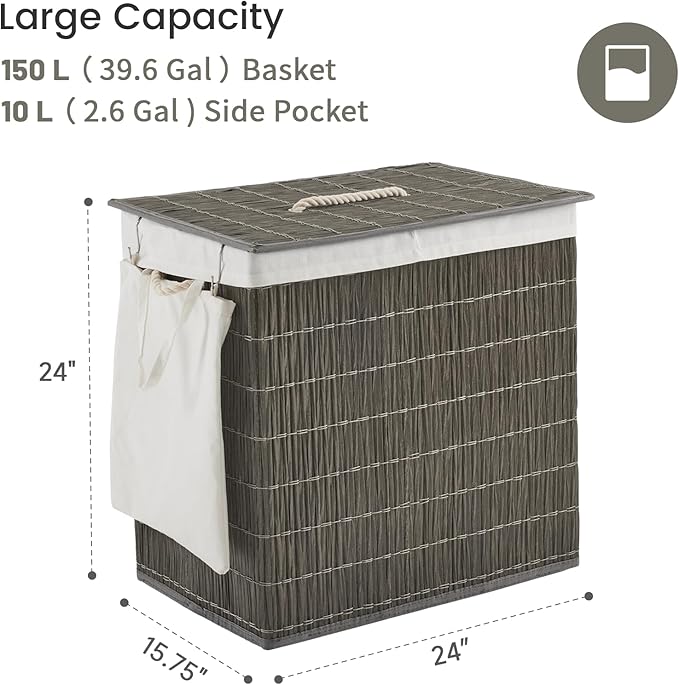 Laundry Hamper with Lid, 42.3 Gallon (160L), Handwoven Rattan Laundry Basket, 3-Section Clothes Hamper with Handles, 2 Removable Liner and Side Pocket, Grey