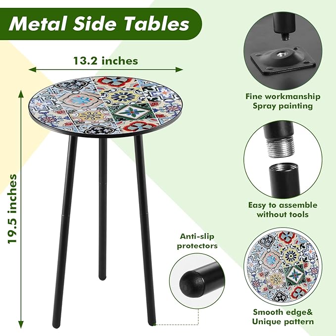 2 Packs Metal Mosaic Round Side Tables 13.4" Small Outdoor Patio Round Accent Coffee Tables Indoor Corner Stand for Small Spaces Weather-Resistant for Balcony, Porch Plant Stands Indoor, Mixed Mosaic