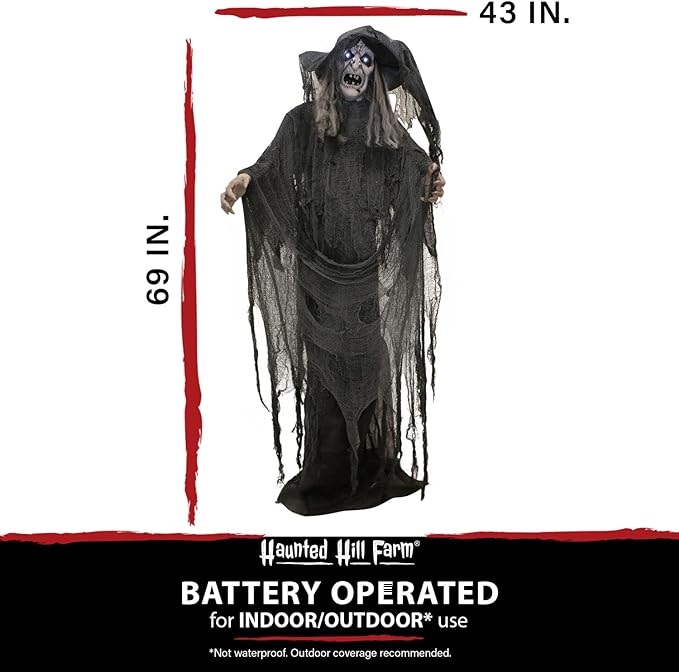Haunted Hill Farm Life-Size Animatronic Scary Talking Witch with Touch Activated Lights and Sound, Indoor or Covered Outdoor Creepy Halloween Decorations for Home or Haunted House, Battery Operated