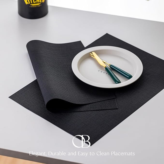 Placemats Set of 8 - Easy Clean Woven Vinyl Placemats for Dining Table, Indoor/Outdoor Place Mats, Washable PVC Table Mats(Black)