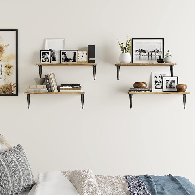 Wallniture Arras 24"x8" Floating Shelves for Wall Storage, Wall Bookshelf for Living Room Decor, Kitchen Organization and Storage Shelves, Bedroom Bookshelves, Burnt Finish Set of 4