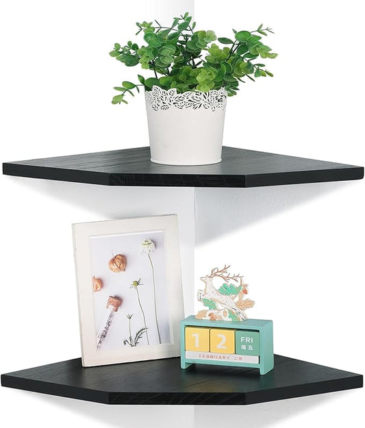 Corner Wall Shelves Set of 2, Rustic Wood Corner Floating Shelves with Cable Raceway, Wall Mount Storage Display for TV Accessories, Baby Monitor, Speaker, Cable Box (Black, Diamond- 12 Inch)