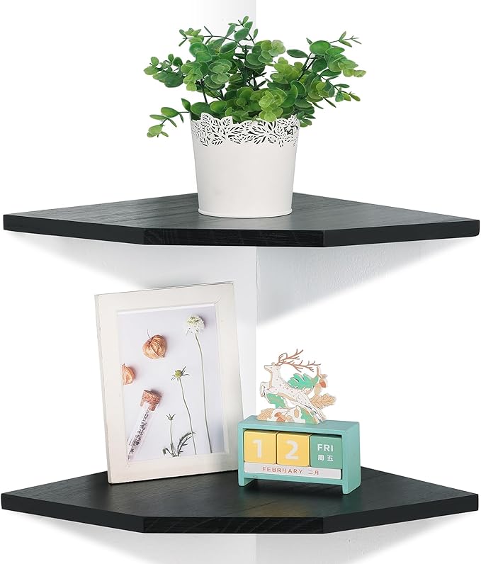 Corner Wall Shelves Set of 2, Rustic Wood Corner Floating Shelves with Cable Raceway, Wall Mount Storage Display for TV Accessories, Baby Monitor, Speaker, Cable Box (Black, Diamond- 10 Inch)